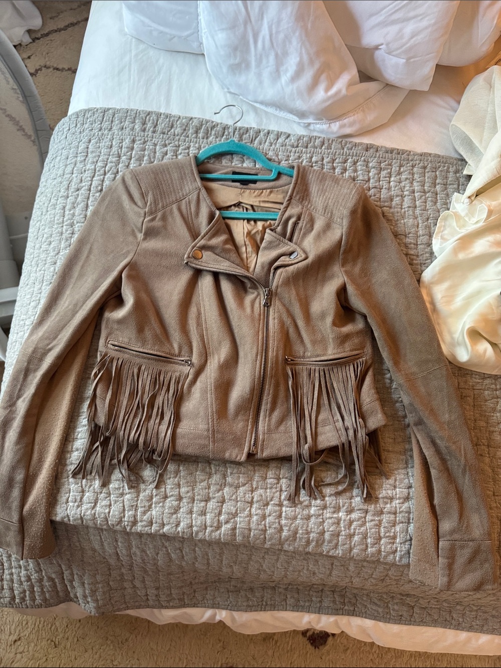 Fate Taupe Fringe Faux-Suede Moto Jacket